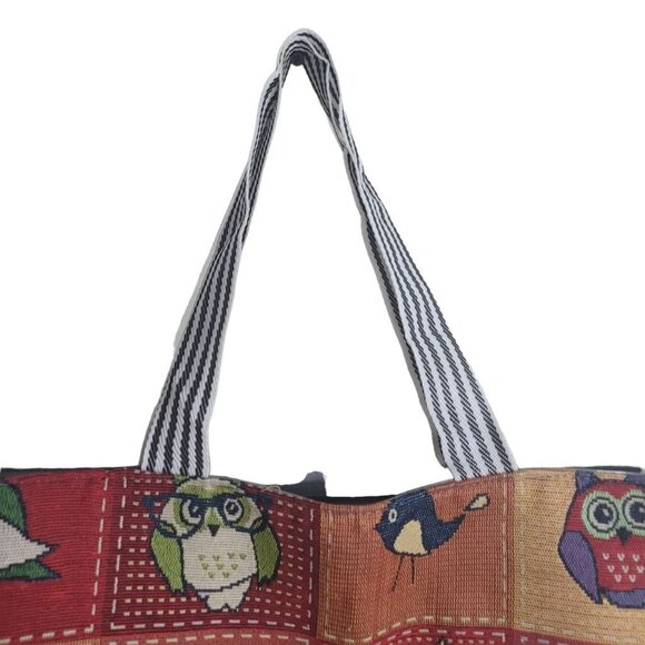 Unbranded Owl Tote Bag Canvas Patchwork Gray Striped Handles - Picture 3 of 7